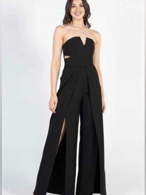 Luxxel Navy Blue Strapless Black Wide-Leg Jumpsuit with side cut outs - M